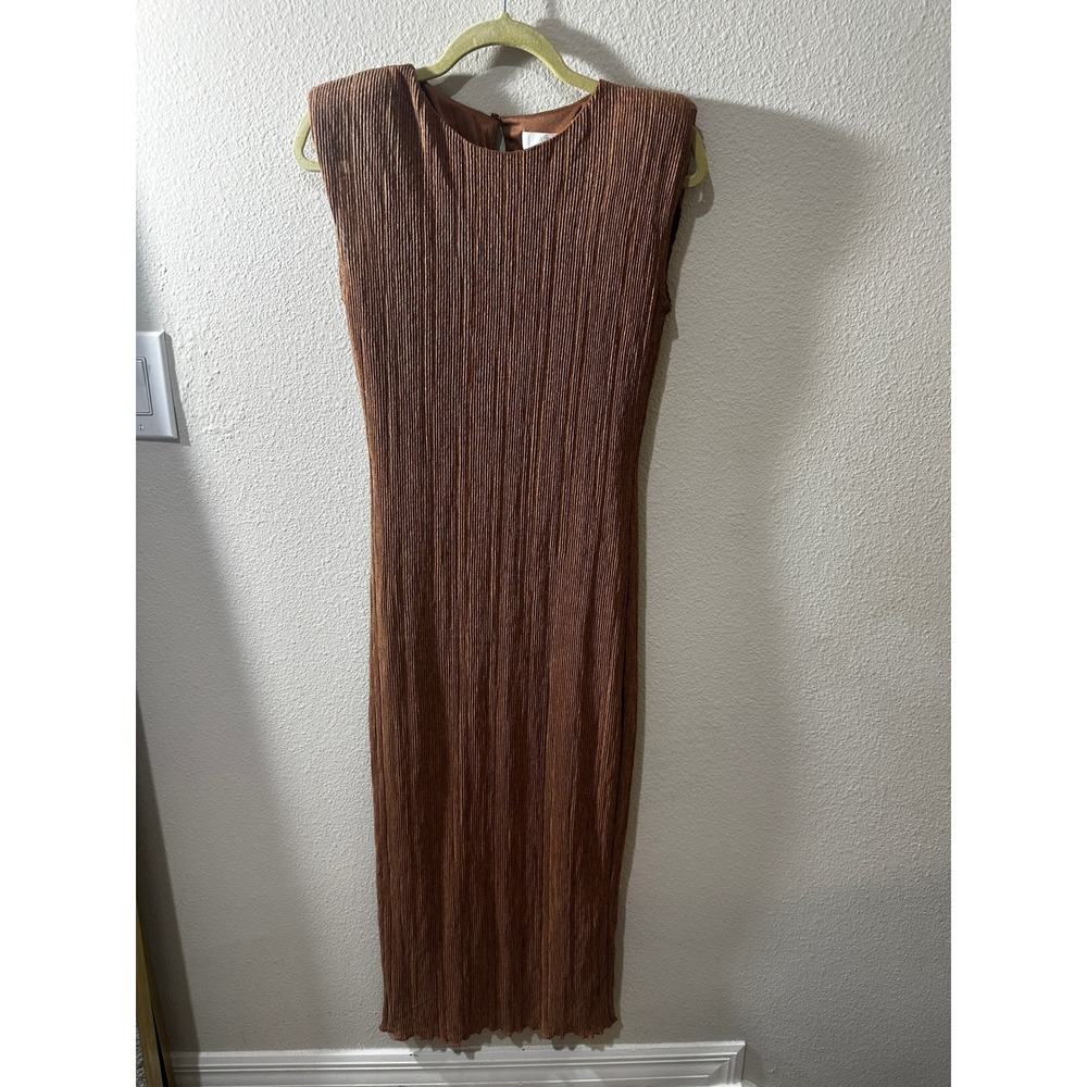 ASTR The Label Womens in S Brown Copper Plisse Pleated Midi Padded Shoulder - Picture 5 of 5